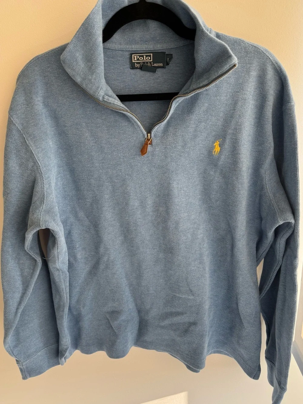Polo Ralph Lauren Men's Light Blue Half-Zip Sweater with Yellow Logo